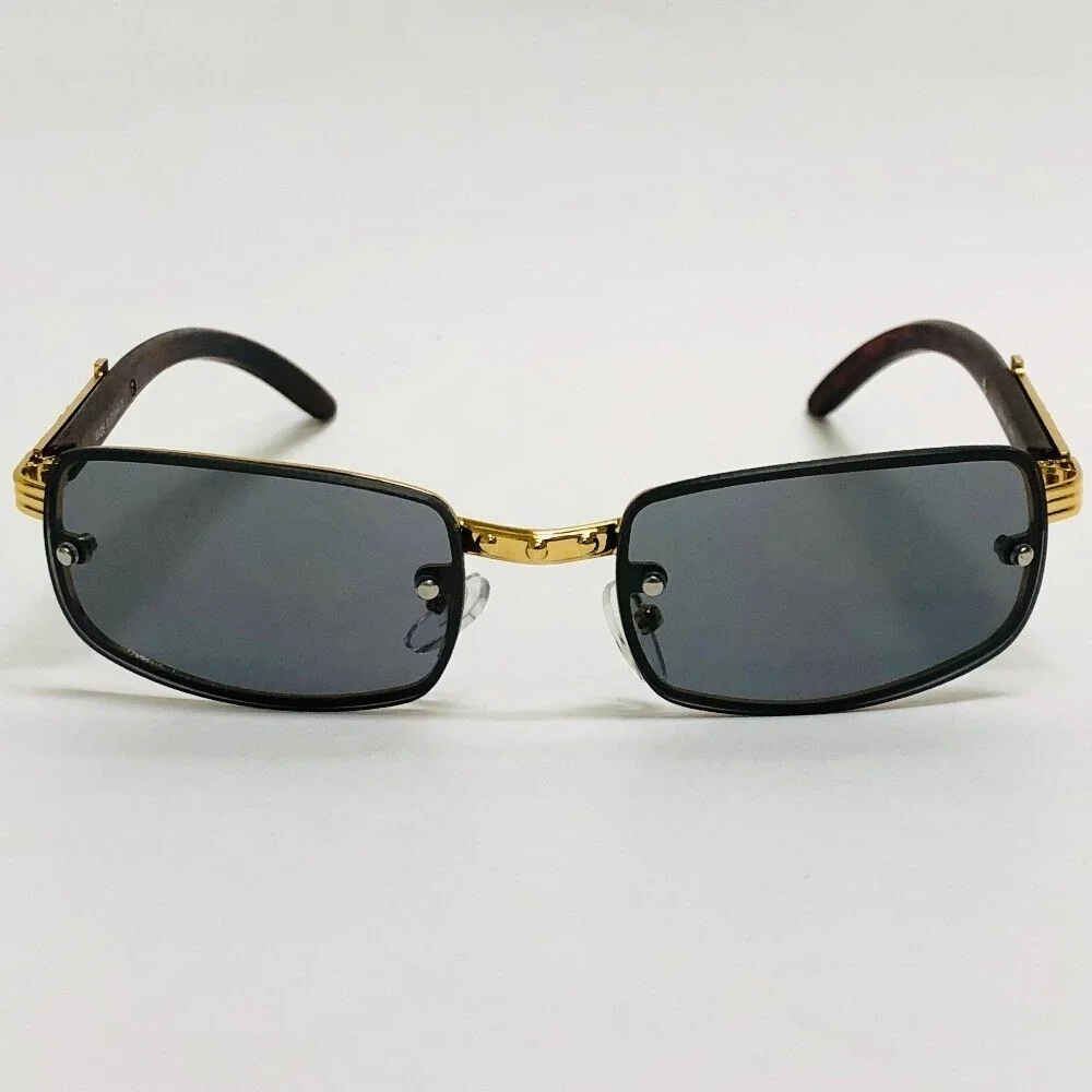 Rimless Sunglasses Rectangle Gold Wood Arms WomenFashion‎ Dark Black Lens Lentes